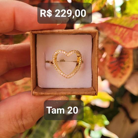 Anel Coração Vazado Grande Micro Cravejado Zircônias Cristal dourado Tam 20