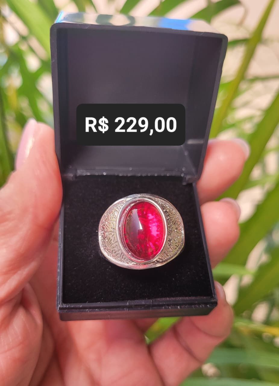 Anel Masculino Zircônia de Rubi Grande Aço prata Tam  Regulável