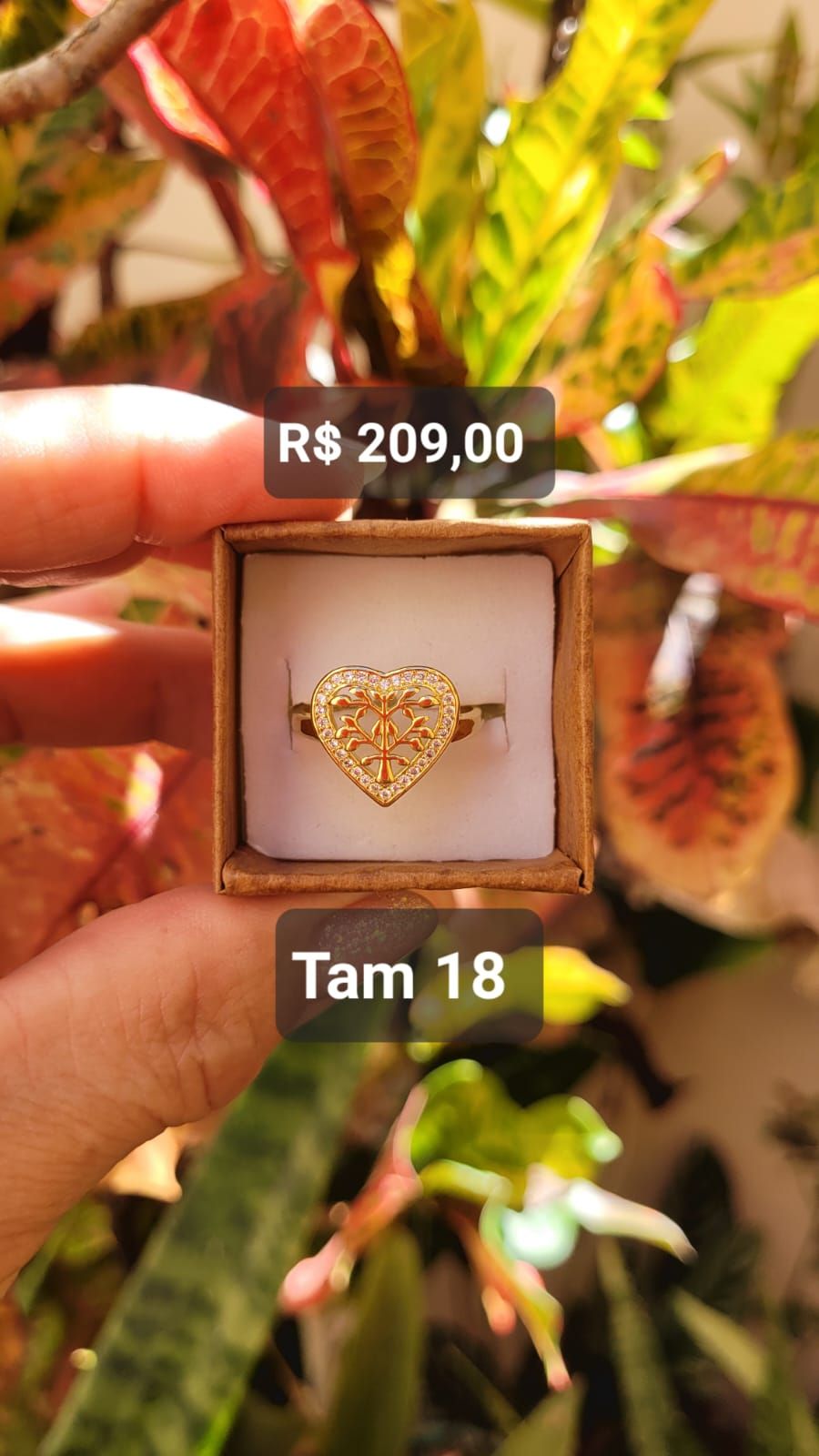 Anel Coração Árvore da Vida Micro Cravejada Zircônia Cristal dourado Tam 18