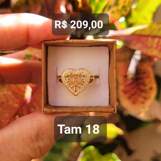 Anel Coração Árvore da Vida Micro Cravejada Zircônia Cristal dourado Tam 18