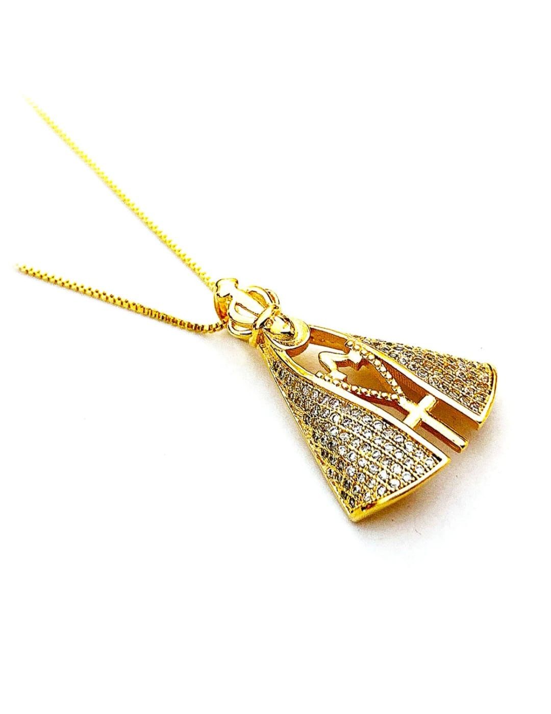 Colar Veneziana com Pingente Nossa Senhora Micro Cravejada Cristal dourado