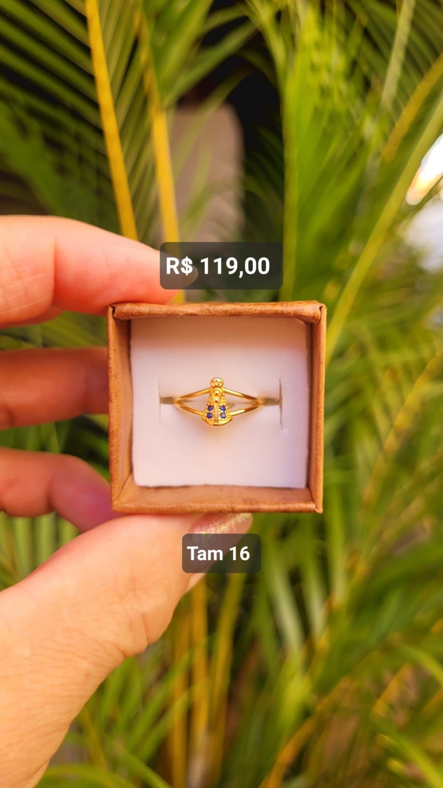 Anel Aro Duplo Nossa Senhora Cravejada Zircônia Azul dourado Tam 16