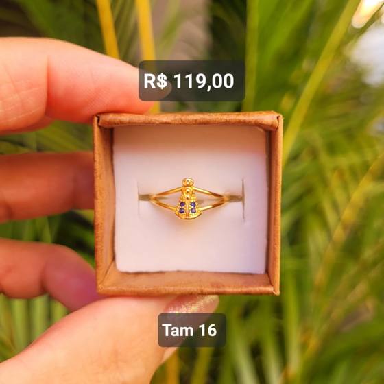Anel Aro Duplo Nossa Senhora Cravejada Zircônia Azul dourado Tam 16