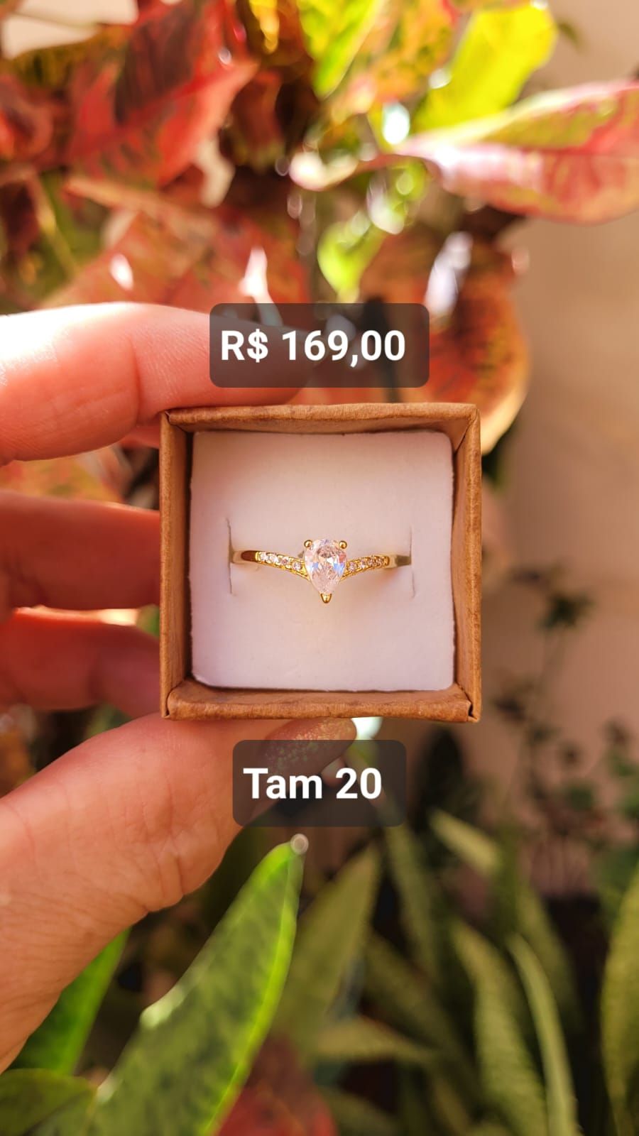 Anel Solitário Gota Média Micro Cravejada Zircônia dourado Tam 20