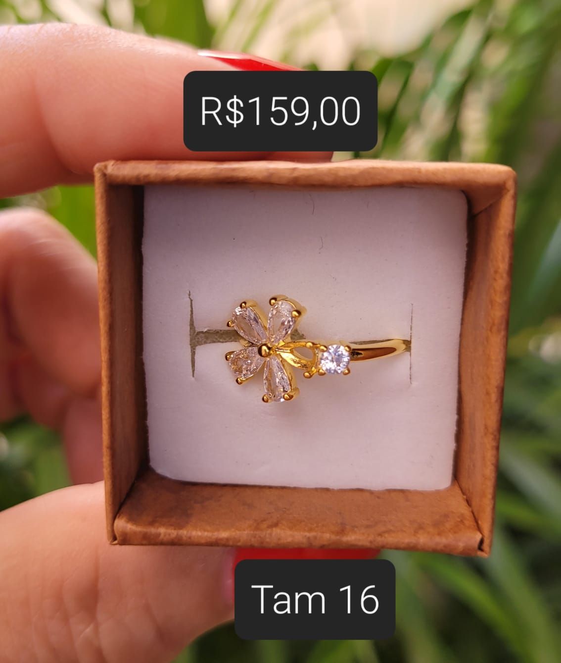 Anel Flor em Zircônia gota e Ponto de Luz dourado Tam 16