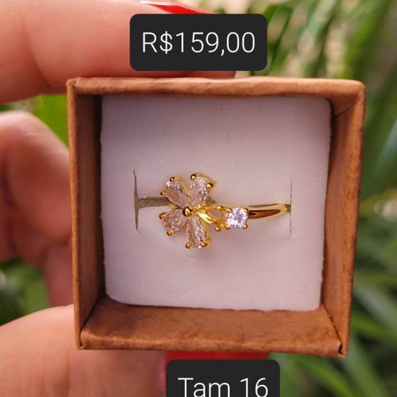 Anel Flor em Zircônia gota e Ponto de Luz dourado Tam 16