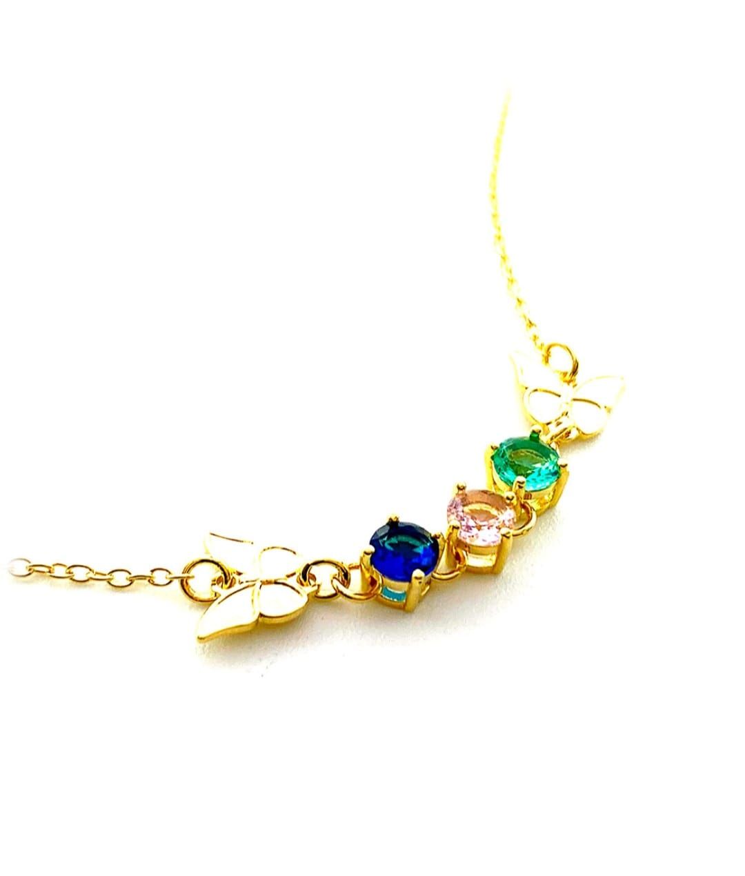 Choker Elo Português com 3 Zicrônias Color Redondas e 2 Borboletas Lisas dourado