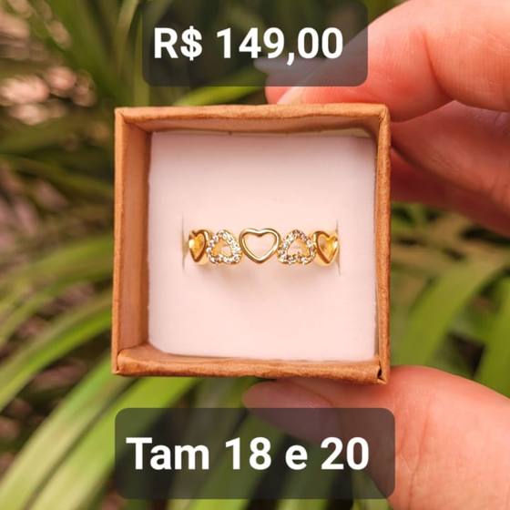 Anel 3 Corações Cravejados Zircônias Cristais e 2 Corações Lisos Tam 18 e 20