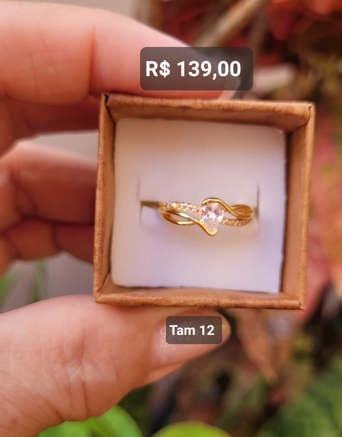 Anel Gota Solitária com 3 Aros/ 2 lisos e 1 Cravejado Zircônia Cristal Tam 12