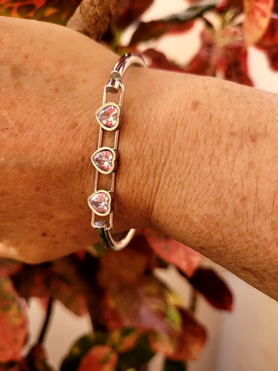Bracelete 3 Corações Cristais Aço prata