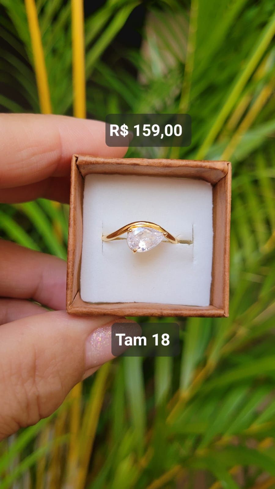 Anel Solitário Gota Orgânico Zircônia Cristal dourado Tam 18