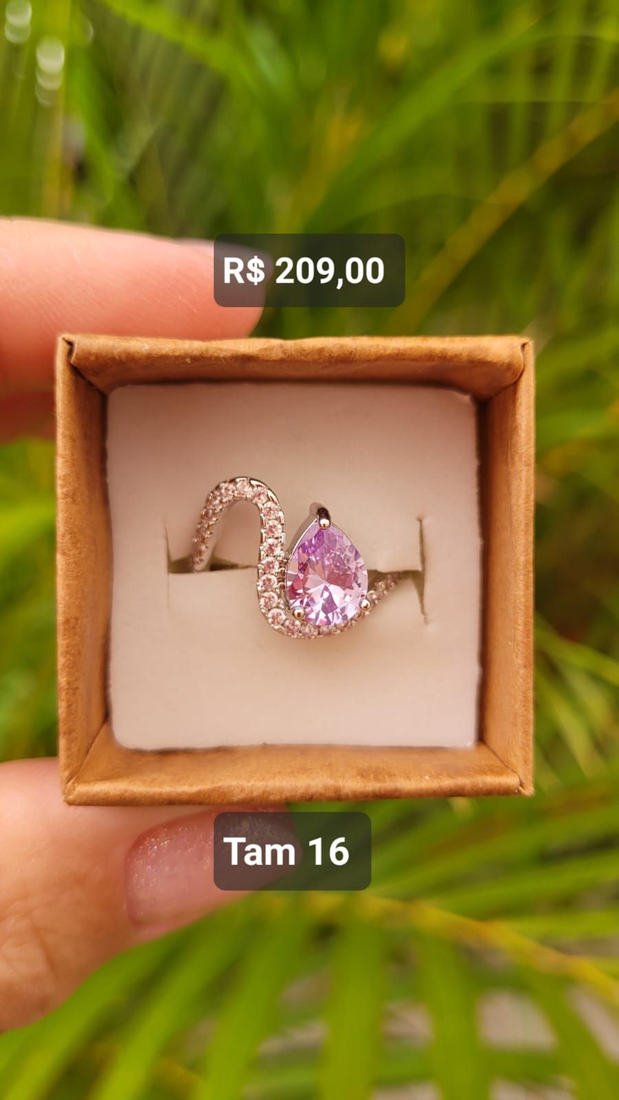 Anel Luxo Gota Zircônia Lilás  Curvada Cravejada Cristal Ródio Branco Tam 16