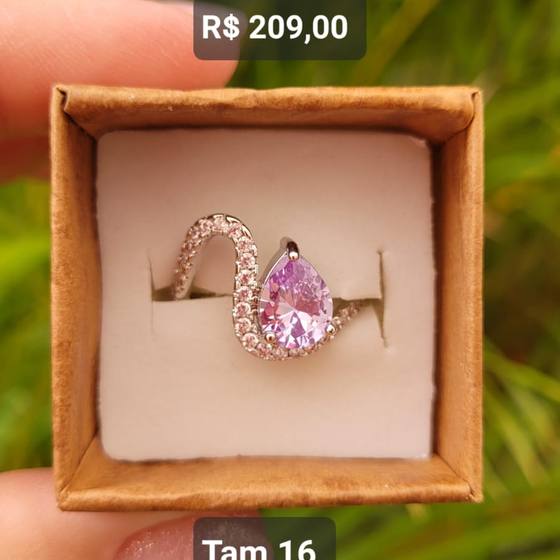 Anel Luxo Gota Zircônia Lilás Curvada Cravejada Cristal Ródio Branco Tam 16