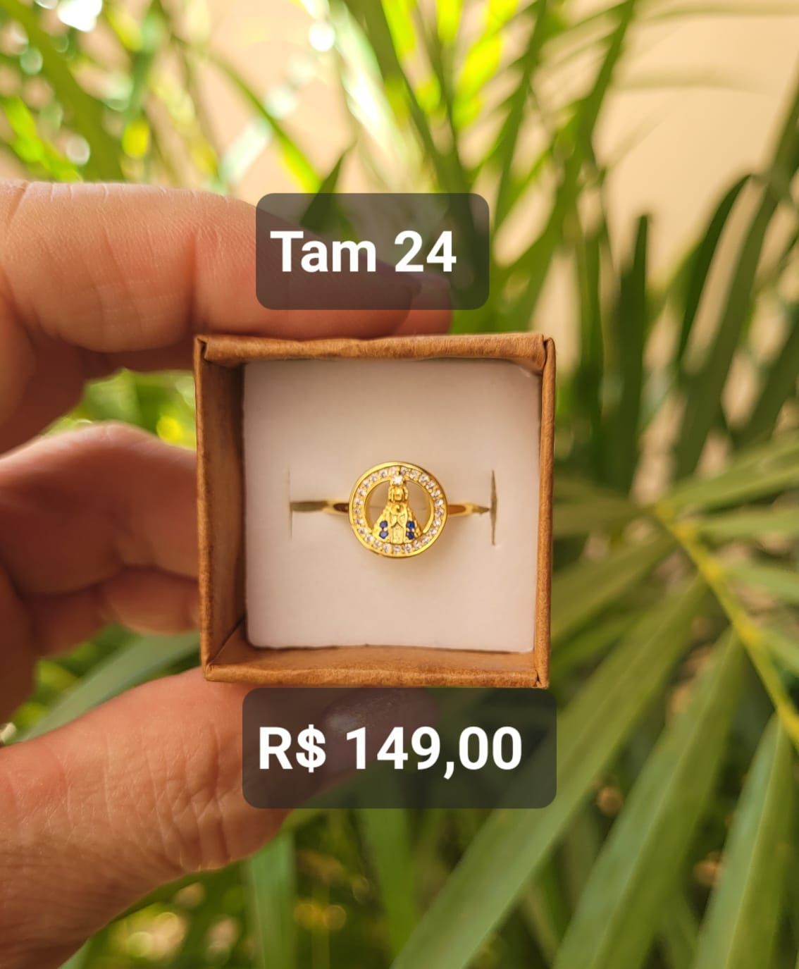 Anel Medalha Vazada Cravejada Nossa Senhora Cravejada Zircônia Cristal Azul