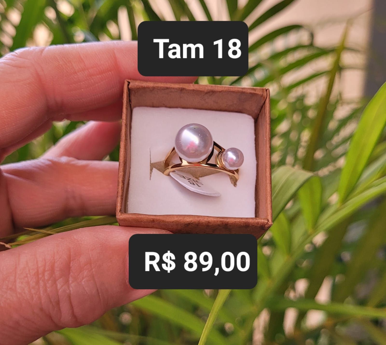 Anel 2 Pérolas Aço dourado Tam 18