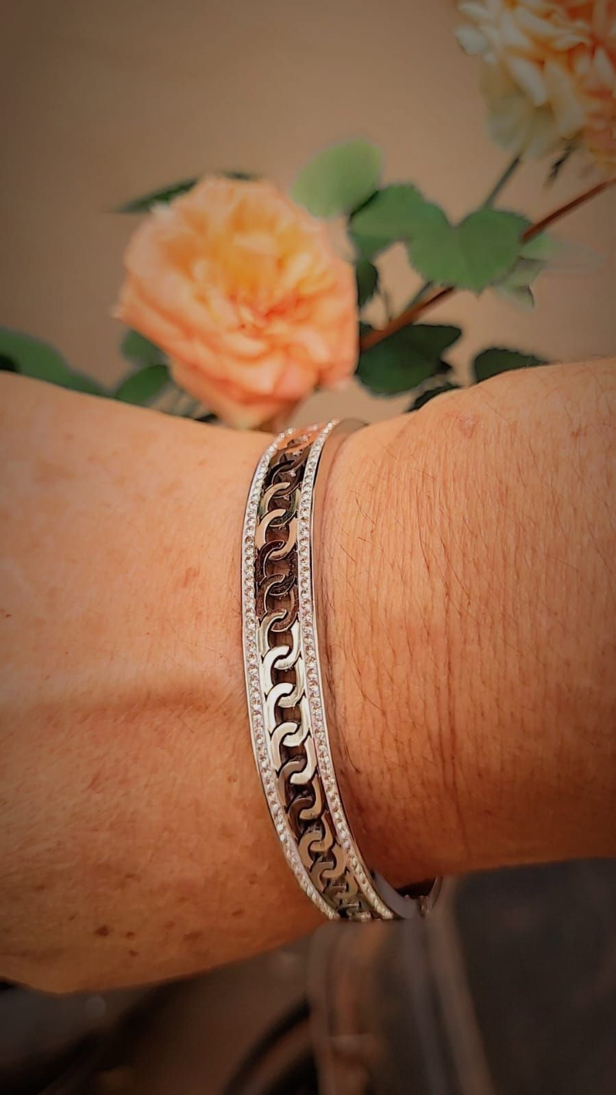 Bracelete Cravejado Elos Lisos Aço prata