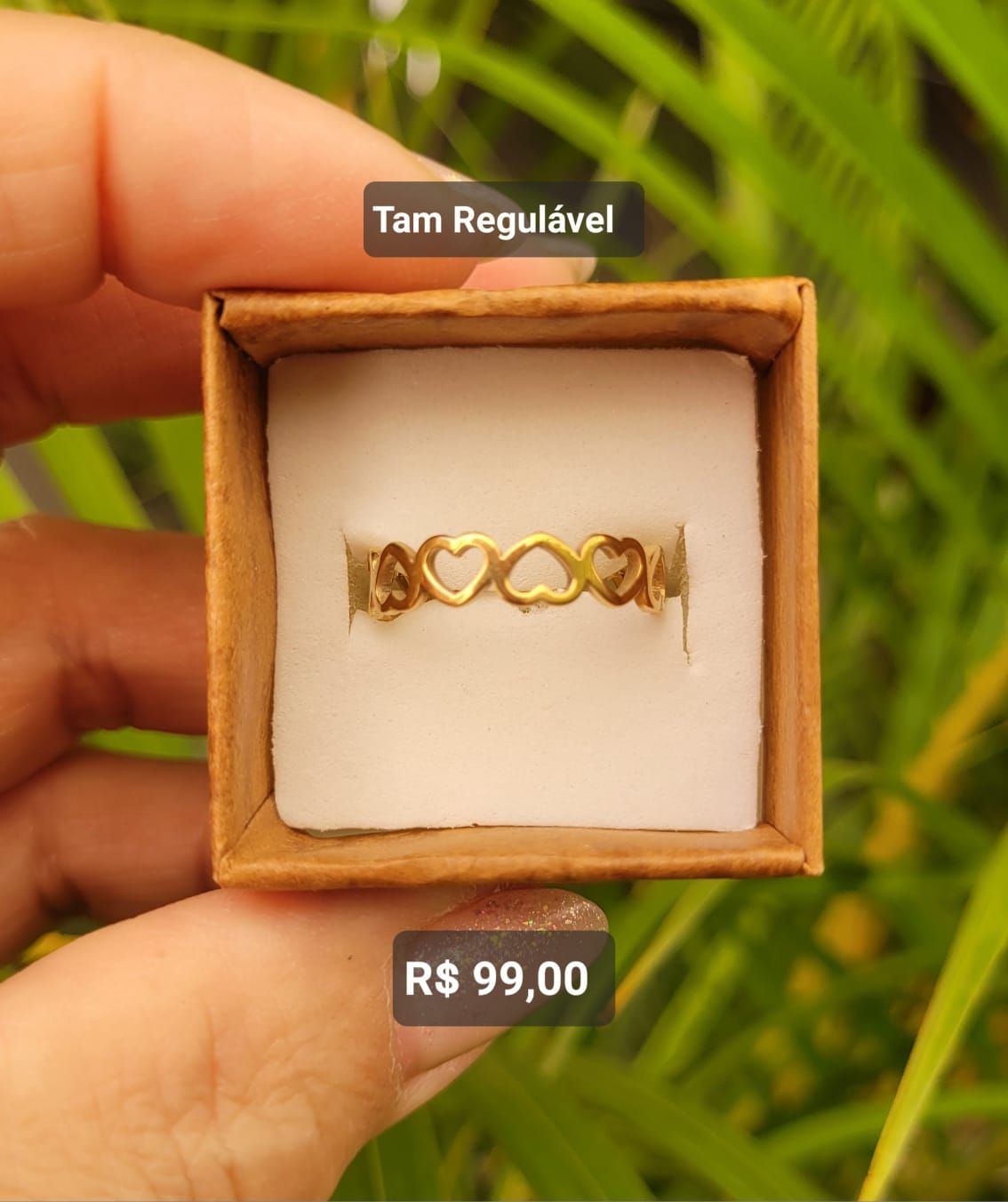 Aliança/Aparador Todo Coração Vazado Pequeno Aço dourado Tam Regulável